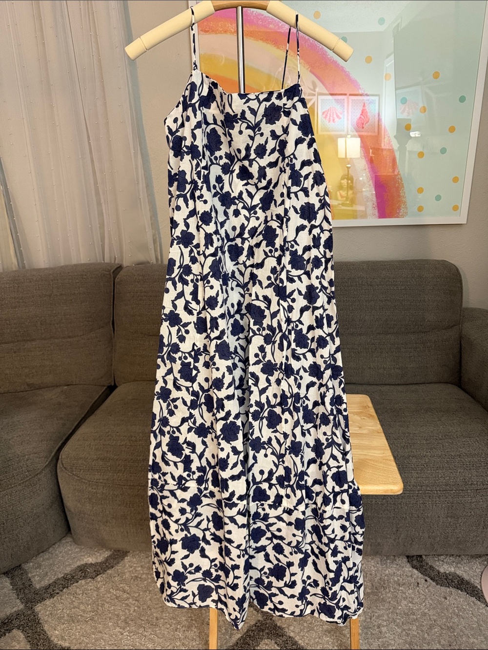 Zara White Maxi Dress with Navy Floral Print